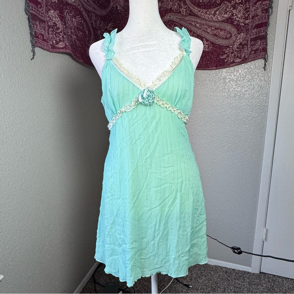 Mint Green Y2K Summer Rose Mini Women’s Medium Slip Dress with Lace Details